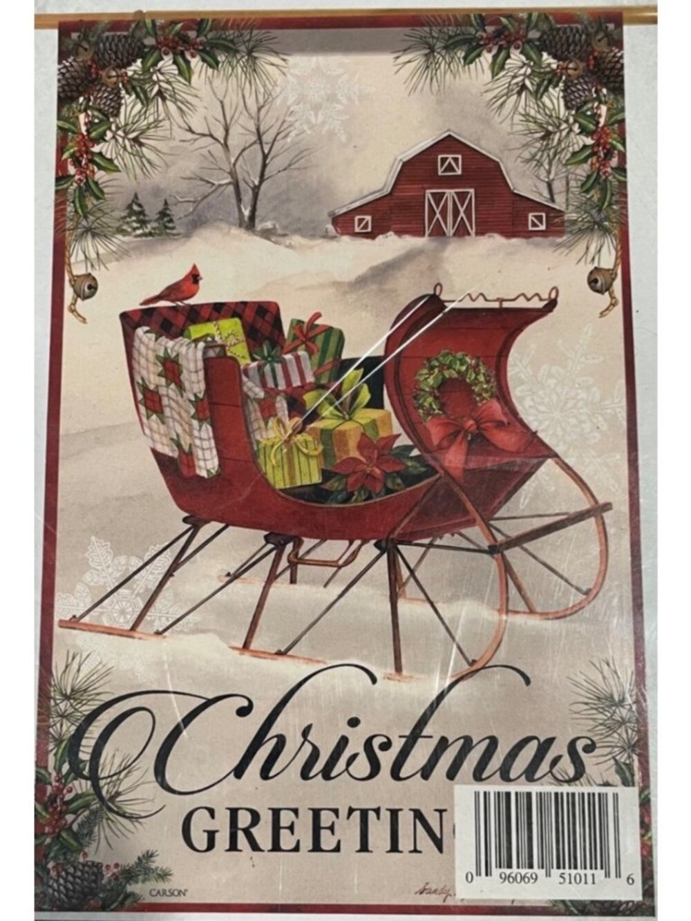 Carson Winter Sled Cardinal Christmas Double Sided House Flag 28x40 Farm Decor